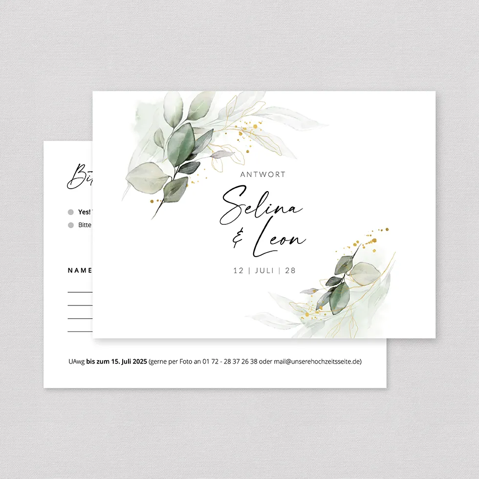 Antwortkarte “Eukalyptus & Gold” Antwortkarte Hochzeit Euklalyptus Gold