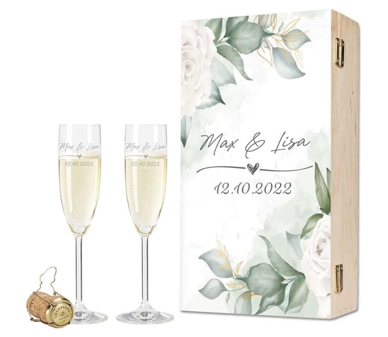 Personalisiertes Sektglas-Set Mit Gravur – 2 Gläser & Sektflasche In Holzkiste, Motiv Herzen, Perfekt Als Hochzeitsgeschenk