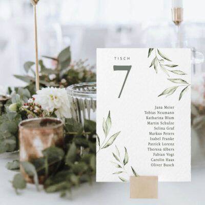 Gruppentischkarten Olivenzweige mediterran