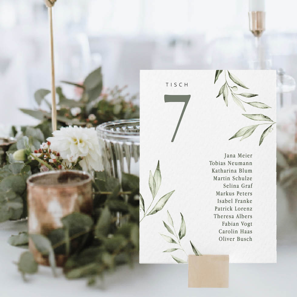 Gruppentischkarten Greenery Gruppentischkarten Olivenzweige mediterran