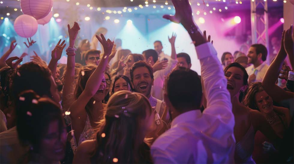 Gäste tanzen bei Hochzeitsfeier