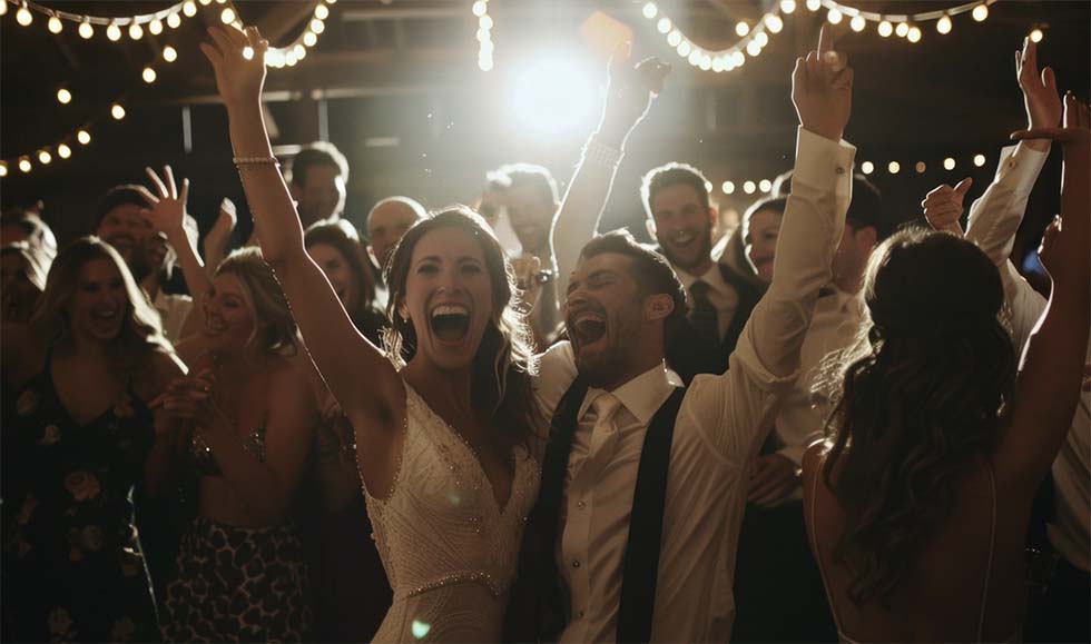 Gäste tanzen bei Hochzeitsfeier