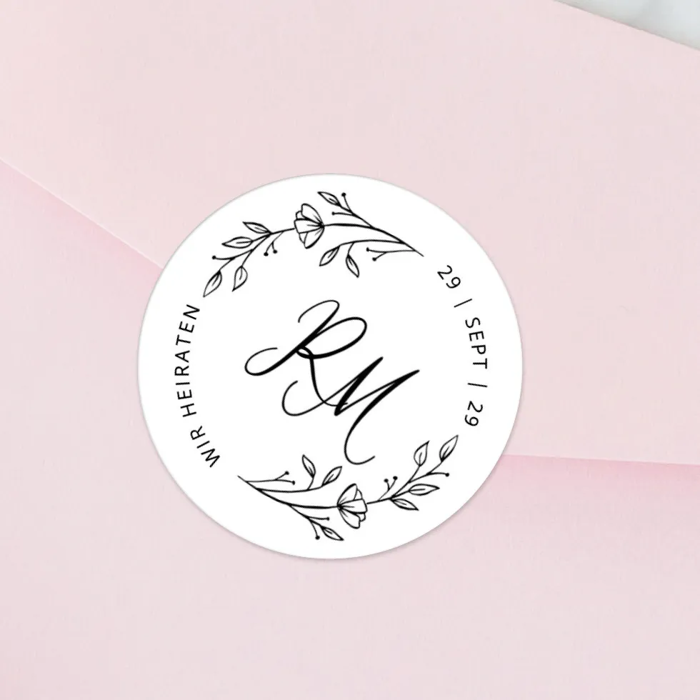 Aufkleber Hochzeit Blumen Initialen