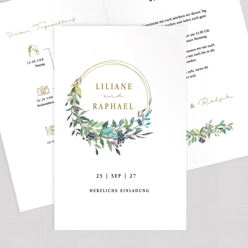 Hochzeitseinladung “Bohemian” Klappkarte Einladung Hochzeit Bohemian Kranz