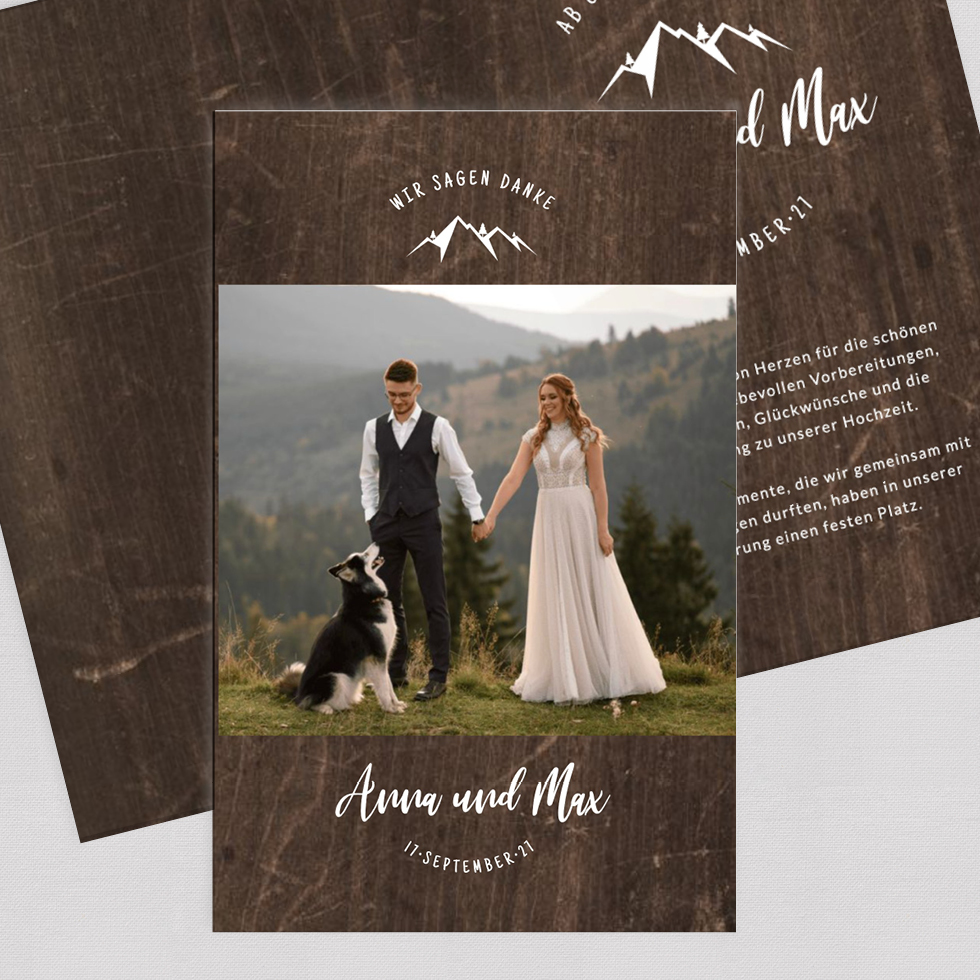 Dankeskarte Berghochzeit Klappkarte Rustikal Dankeskarte Berge Holz Klappkarte
