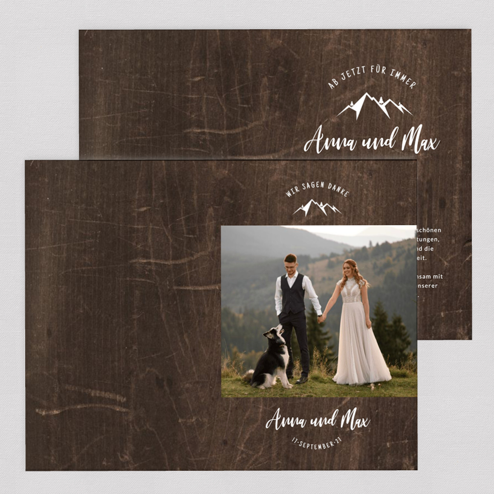 Dankeskarte Berghochzeit Klappkarte Rustikal Dankeskarte Berge Holz
