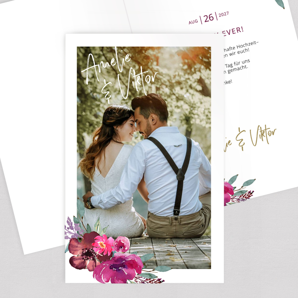 Dankeskarte Berry Blumen Klappkarte Foto Hochzeit Blumen Beerentöne Bordeaux