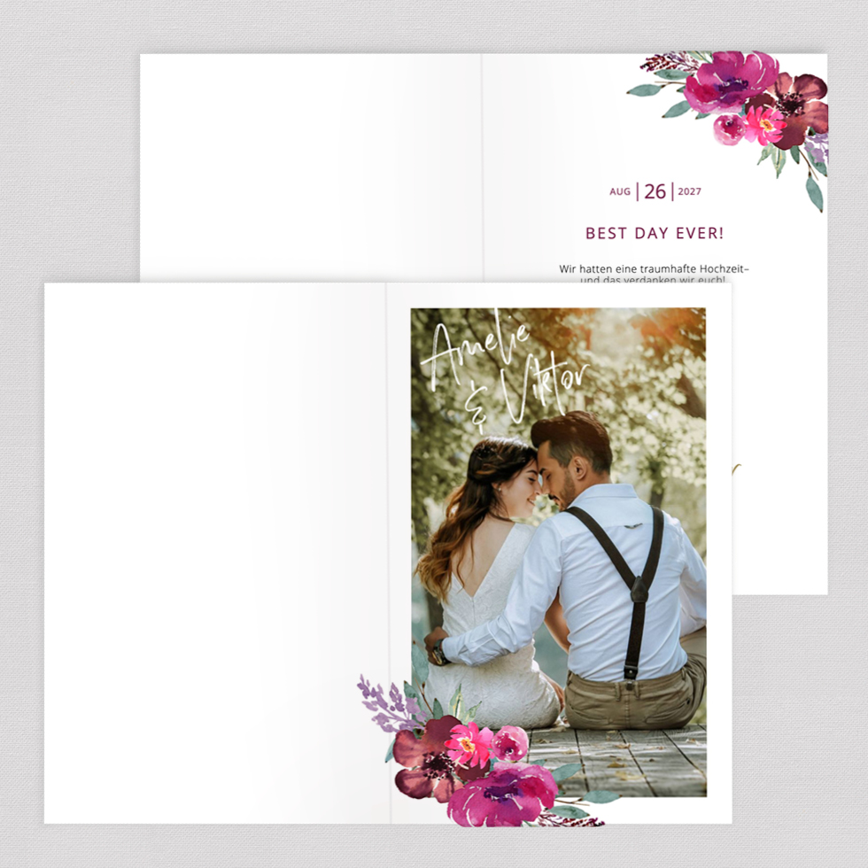 Dankeskarte Berry Blumen Klappkarte Foto Hochzeit Blumen Beerentöne Bordeaux Dankeskarte