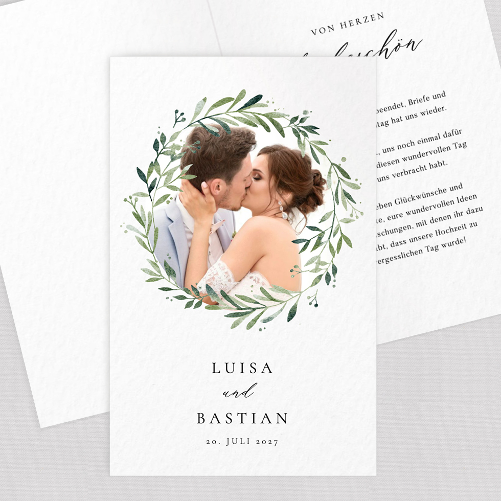 Dankeskarte Greenery Kranz Klappkarte Zweig Hochzeit Bild rund Dankeskarte Klappkarte