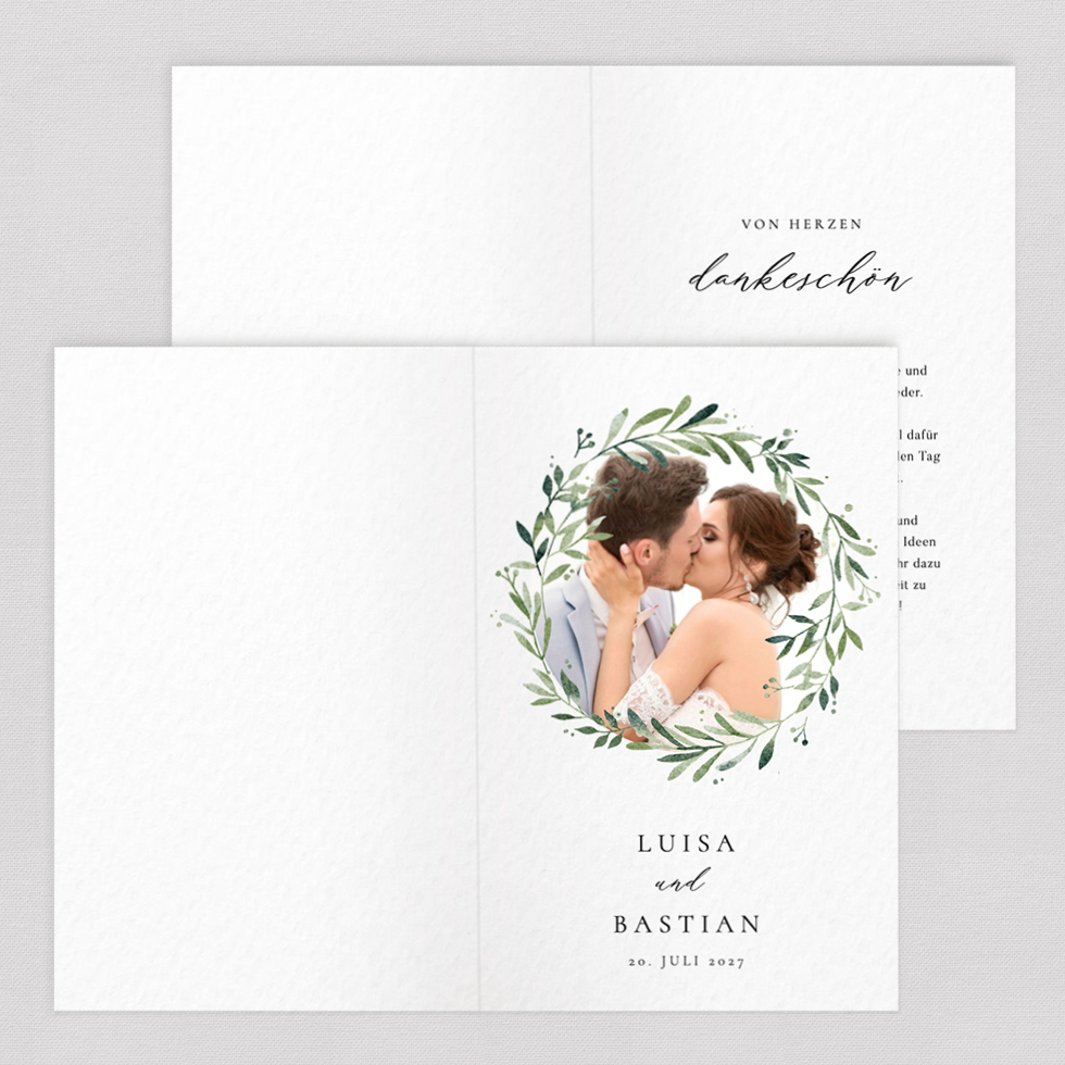 Dankeskarte Greenery Kranz Klappkarte Zweig Hochzeit Bild rund Dankeskarte