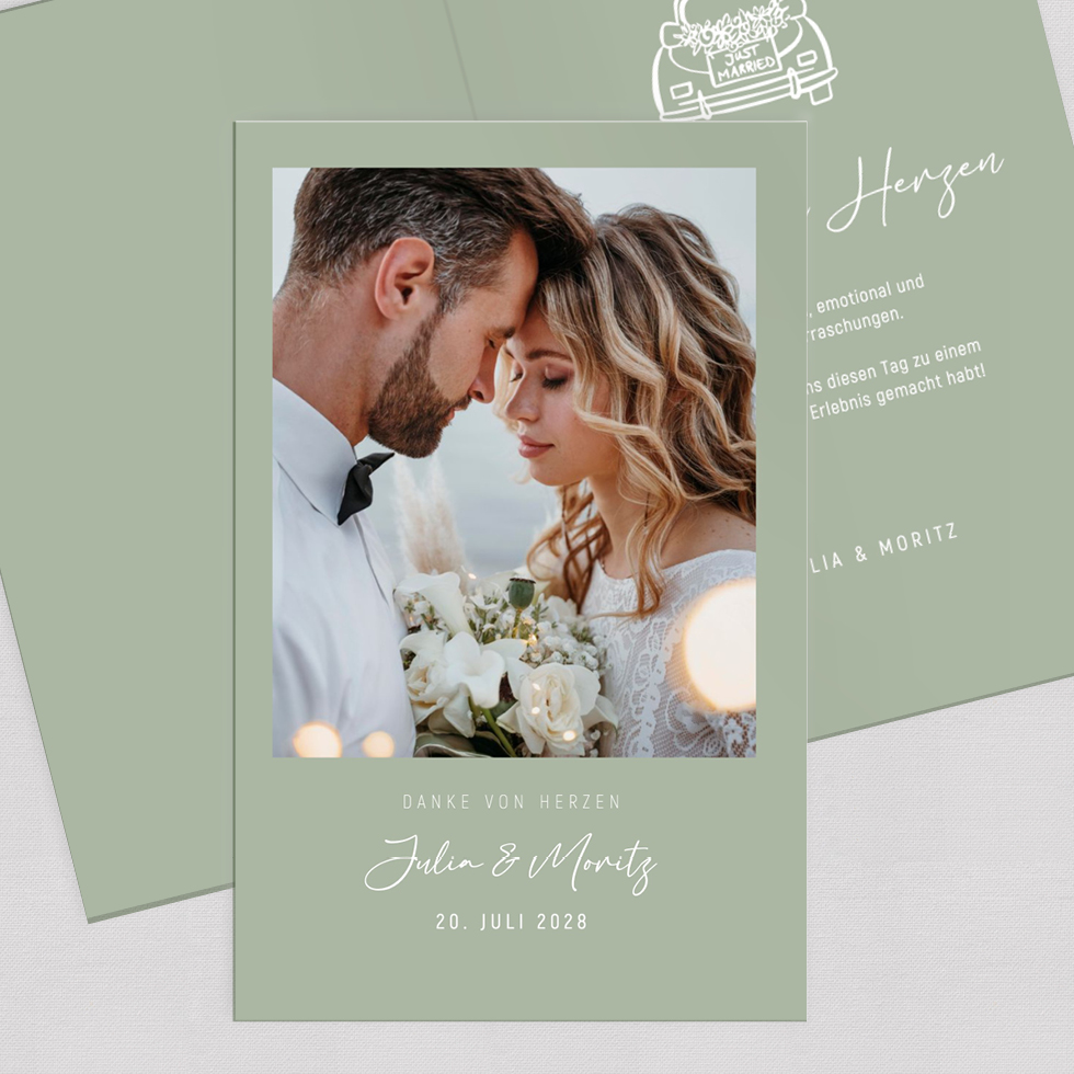 Dankeskarte Just Married Klappkarte Dankeschön Karte Hochzeit Grün