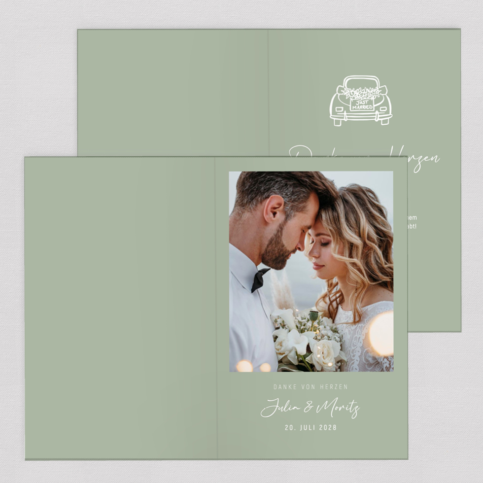 Dankeskarte Just Married Klappkarte Dankeschön Karte Hochzeit Grün Klappkarte