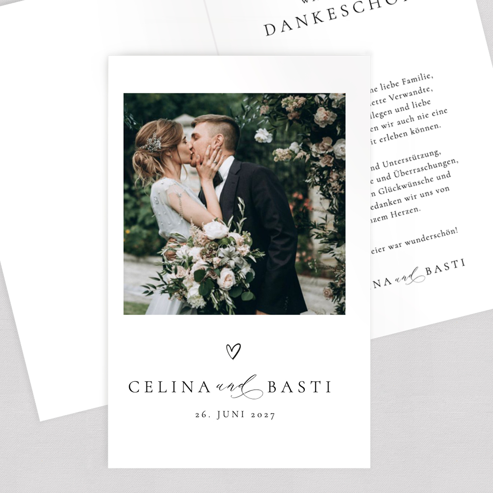 Dankeskarte Polaroid Herz Klappkarte Danksagung Hochzeit Text liebevoll gestalten