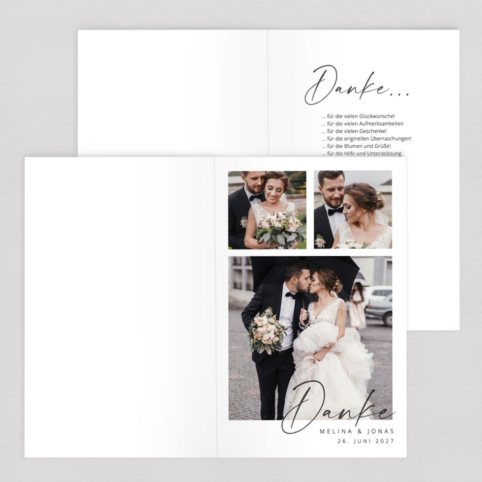 Dankeskarte modern mit 3 Fotos Klappkarte Dankeskarte 3 Fotos gestalten