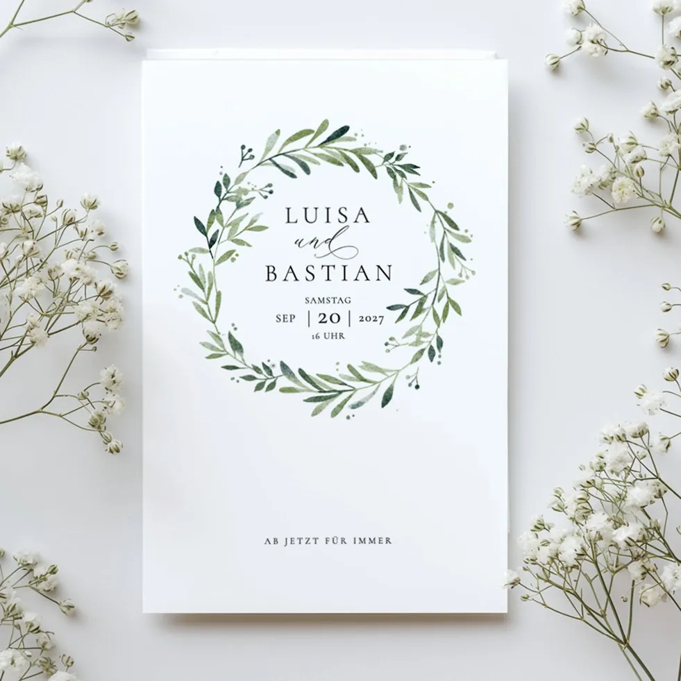 Hochzeitseinladung “Greenery Kranz” Einladung Eukalyptus Kranz Karte