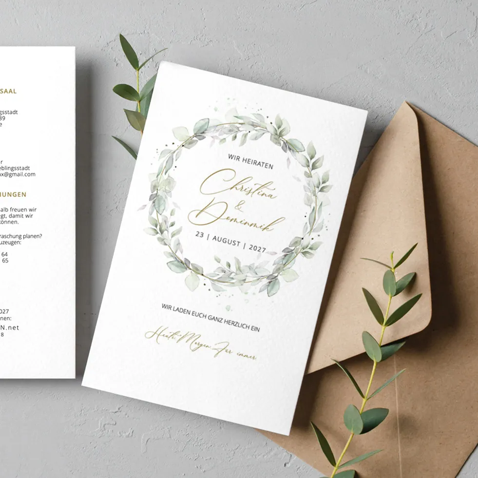 Hochzeitseinladung “Eukalyptuskranz” Einladung Hochzeit Eukalyptus einfach