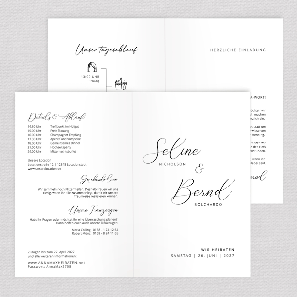 Hochzeitseinladung "Federschrift" Klappkarte Hochzeitseinladung Federschrift Klappkarte