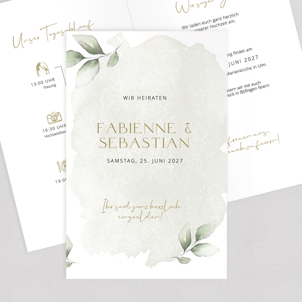 Hochzeitseinladung "Sage & Leaves" Klappkarte Hochzeitseinladung Sage + Leaves Klappkarte