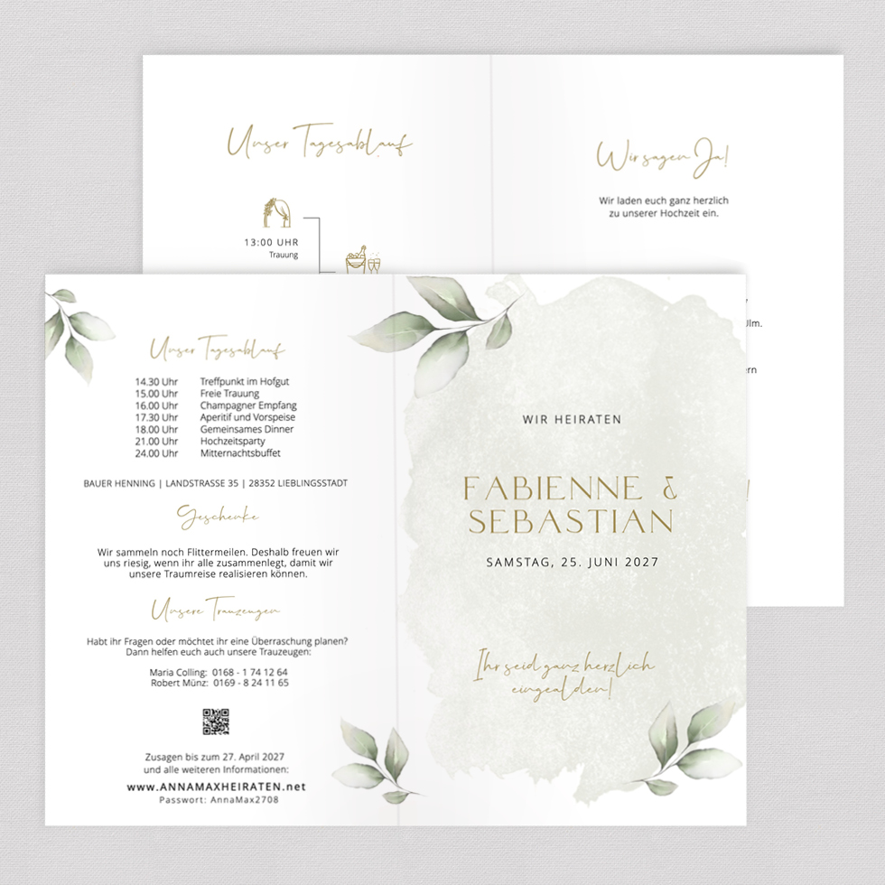 Hochzeitseinladung "Sage & Leaves" Klappkarte Hochzeitseinladung Sage + Leaves Klappkarte
