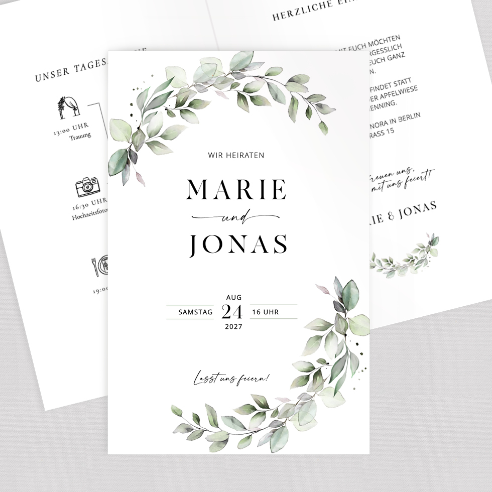 Hochzeitseinladung "Vintage Eukalyptus" Klappkarte Hochzeitseinladung Vintage Eukalyptus Klappkarte