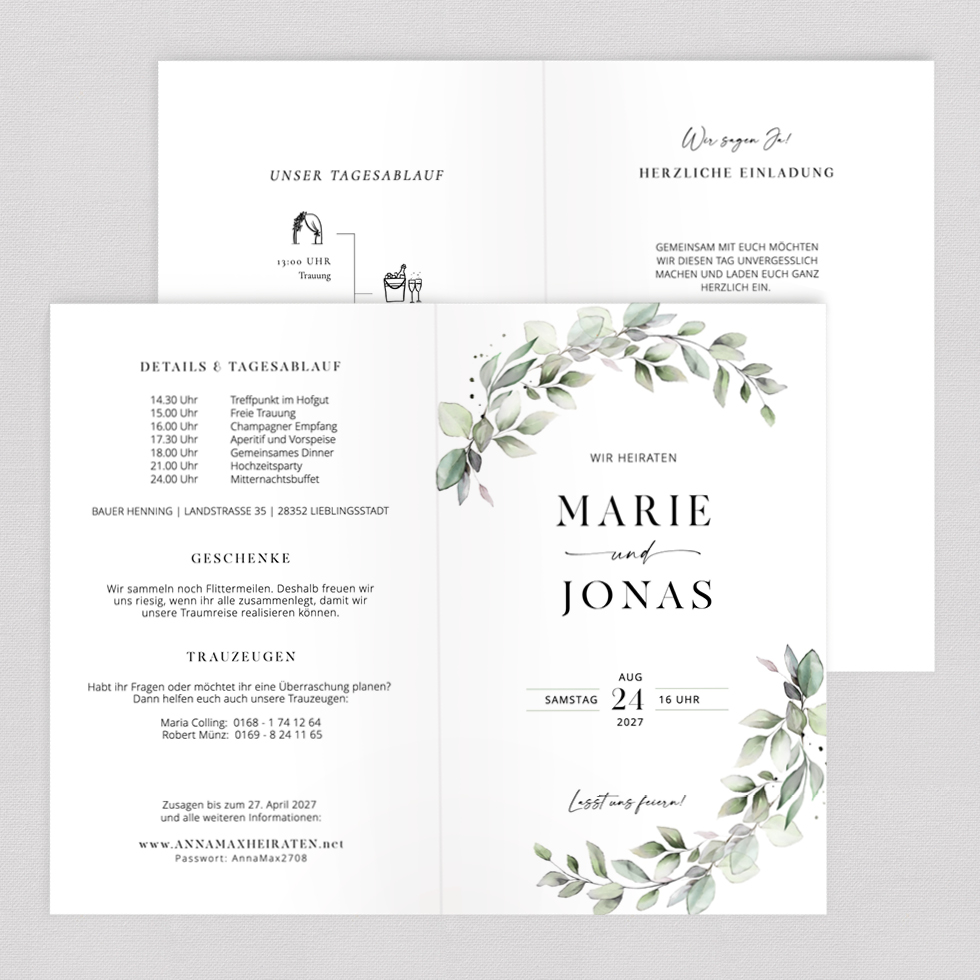 Hochzeitseinladung "Vintage Eukalyptus" Klappkarte Hochzeitseinladung Vintage Eukalyptus Klappkarte