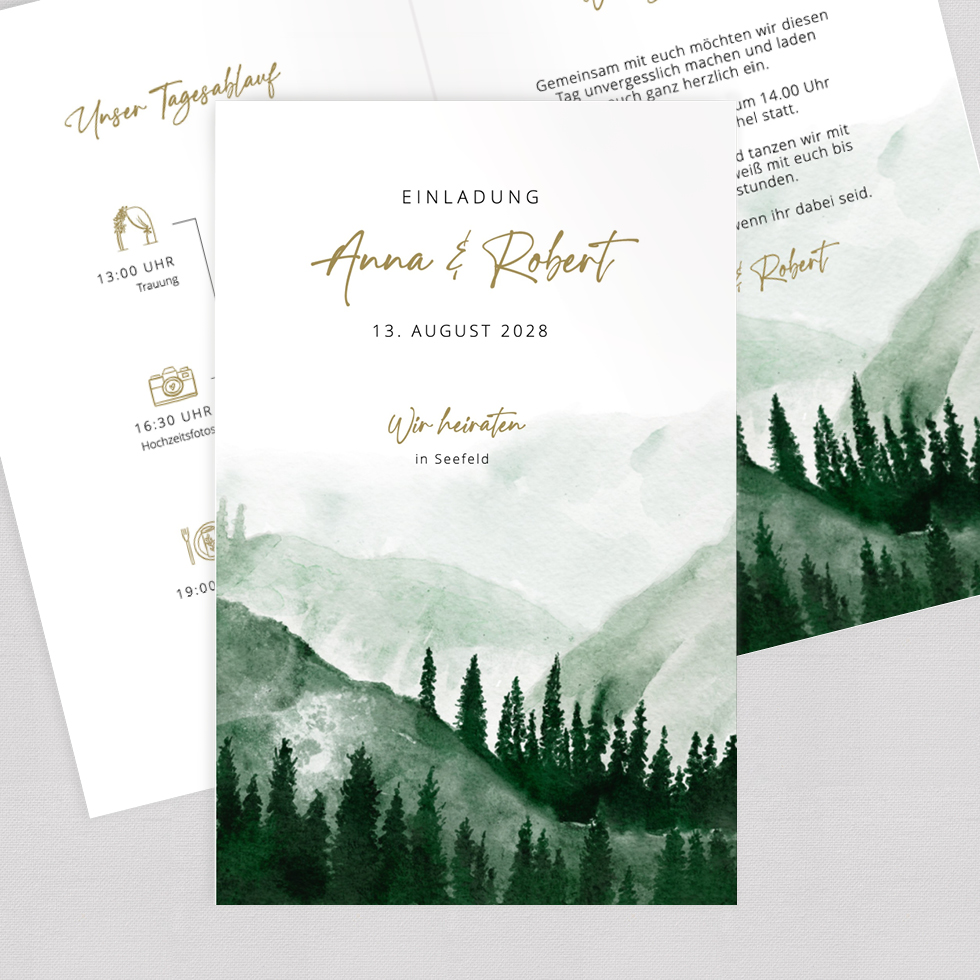 Hochzeitseinladung "Wald & Berge" Klappkarte Hochzeitseinladung Wald + Berge Klappkarte