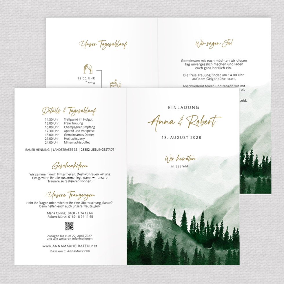 Hochzeitseinladung "Wald & Berge" Klappkarte Hochzeitseinladung Wald + Berge Klappkarte