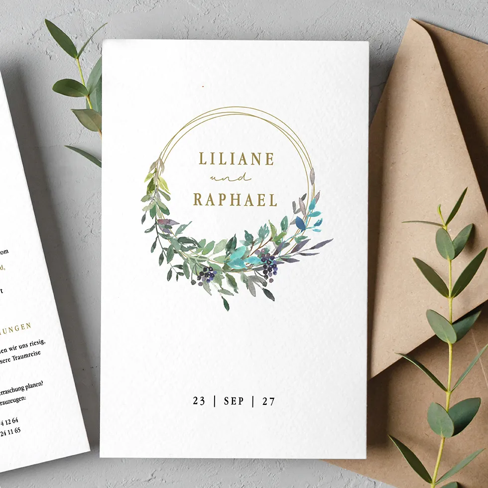 Hochzeitseinladung “Bohemian" Hochzeitzseinladung Kranz Blüten Bohemian