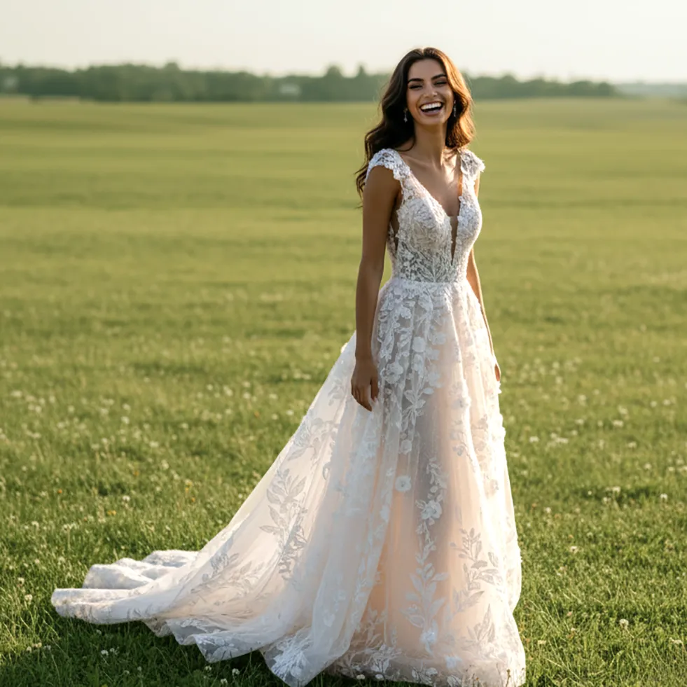 Brautkleid Boho 3-D-Blumen 2026 Brautkleid Boho 3-D-Blumen 2026