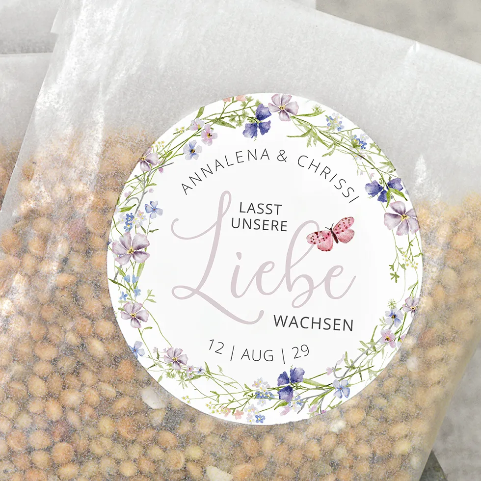 Aufkleber Lasst unsere Liebe wachsen Gastgeschenk Blumenkranz
