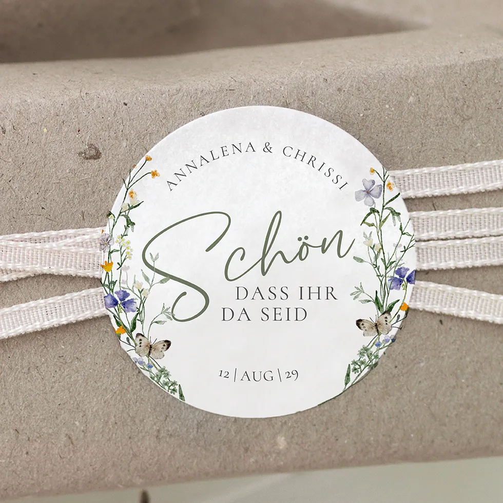 Gastgeschenk Aufkleber Schön, dass Du da bist! Blumen