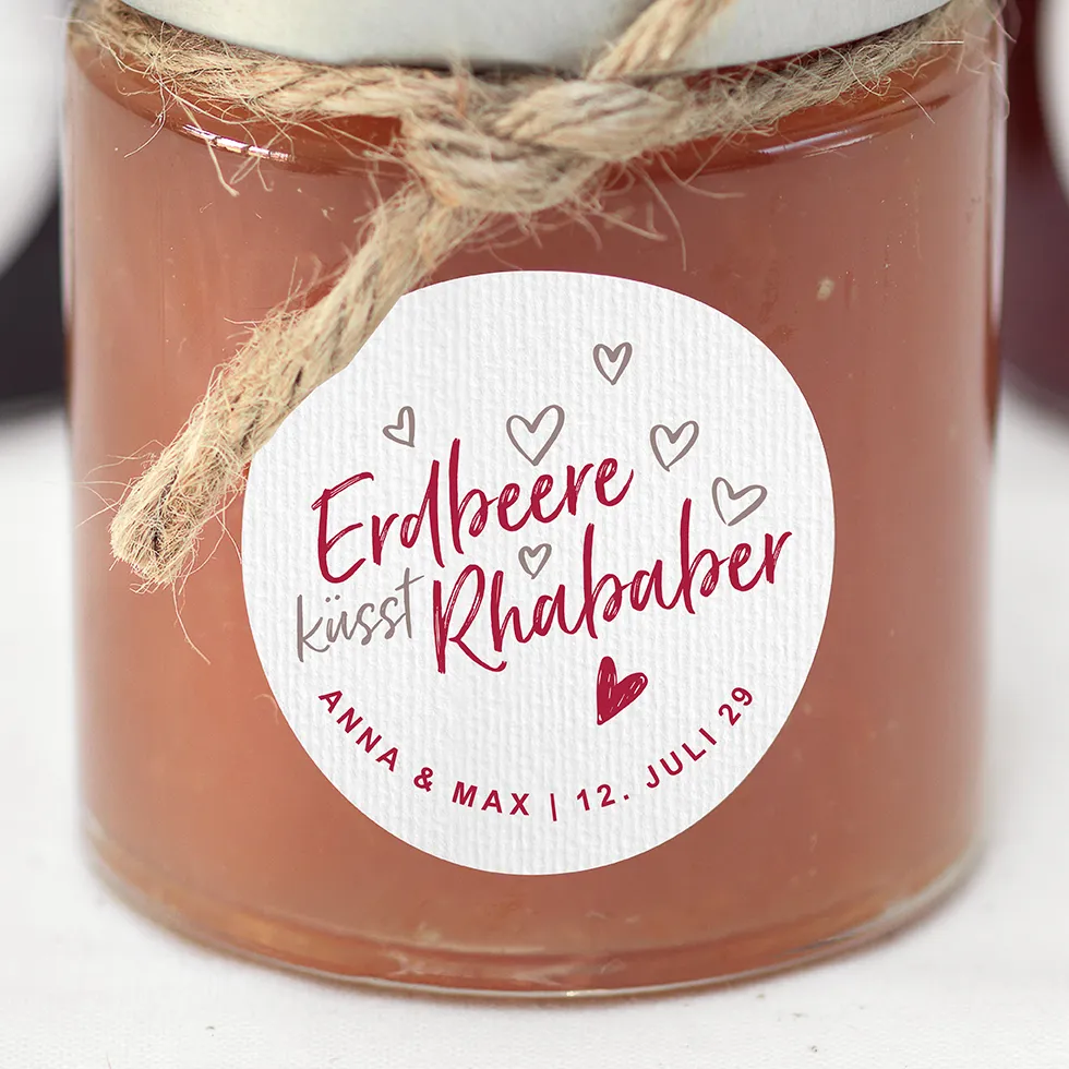 Marmelade Aufkleber Erdbeer küsst Rhababer